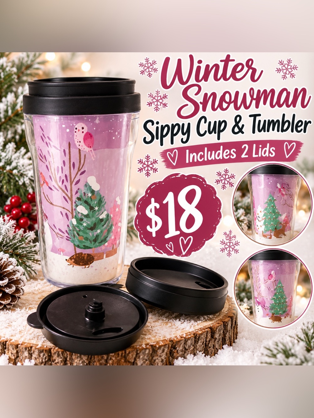 Winter Snowman Sippy Cup Travel Tumbler w/ Lid/ Pink Christmas
